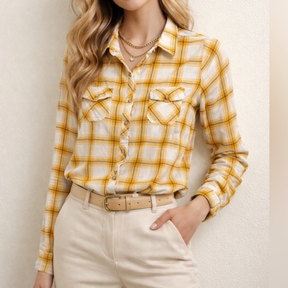 Passport Yellow and White Plaid Button down long sleeve shirt with pockets L